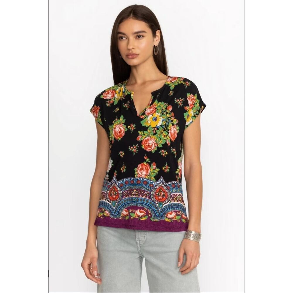 Johnny Was The Janie Favorite Dolman Artsy Black Pink Floral Top XS